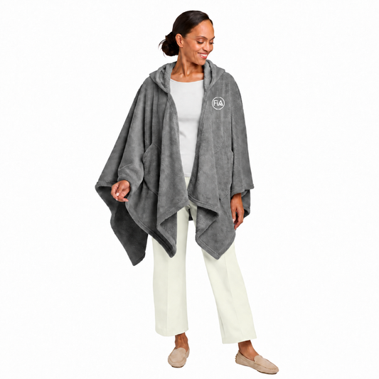 FiA Lifestyle Dream Plush Open Poncho Hoodie in Frost Grey with 2-inch white FiA chest embroidery