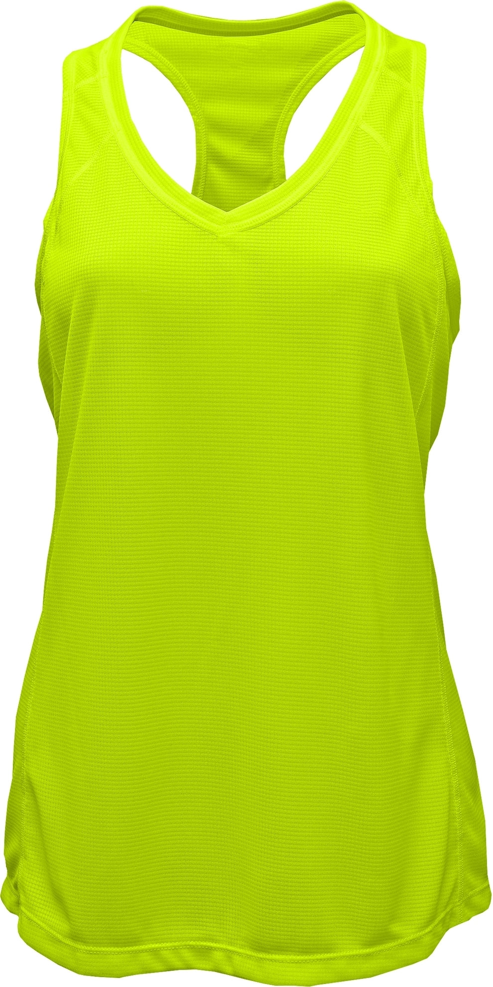 V-Neck Racerback Tank Top — Neon Yellow blank garment color reference; includes FiA Always front design