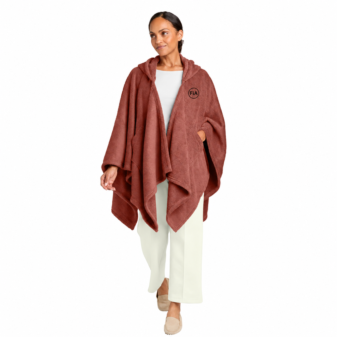 FiA Lifestyle Dream Plush Open Poncho Hoodie in Canyon Clay with FiA chest embroidery