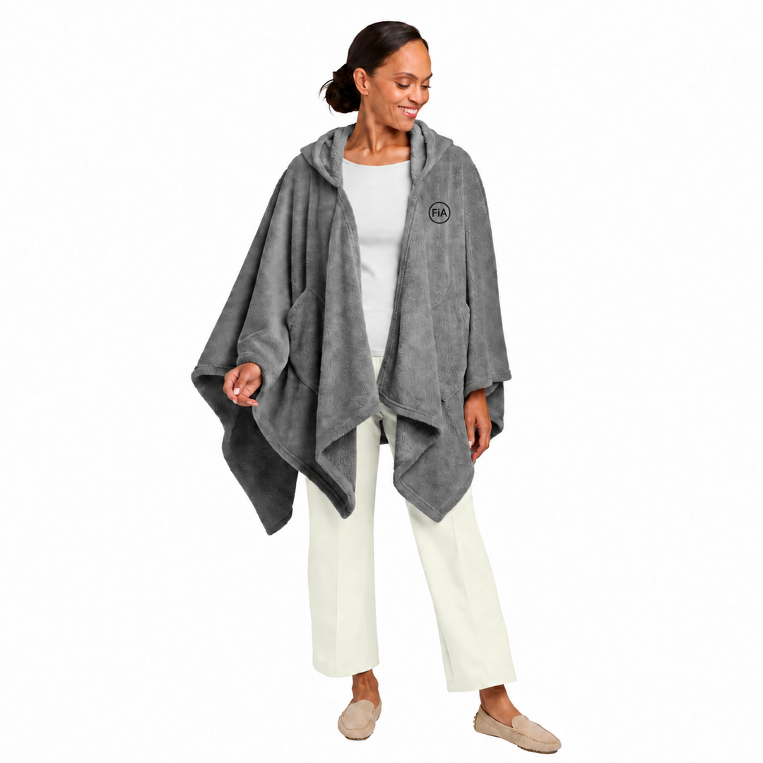 FiA Lifestyle Dream Plush Open Poncho Hoodie in Frost Grey with FiA chest embroidery