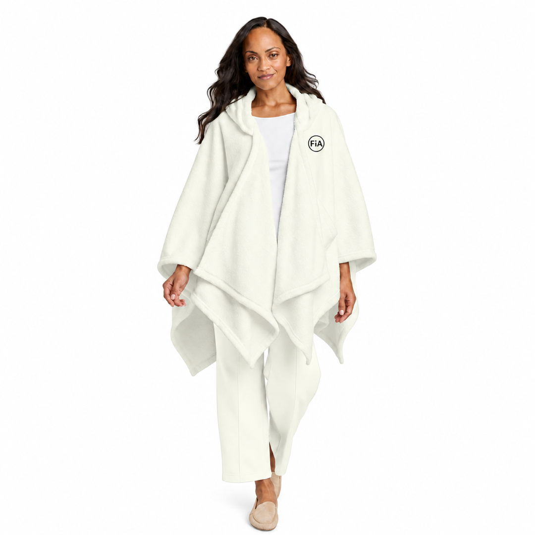FiA Lifestyle Dream Plush Open Poncho Hoodie in Marshmallow with FiA chest embroidery
