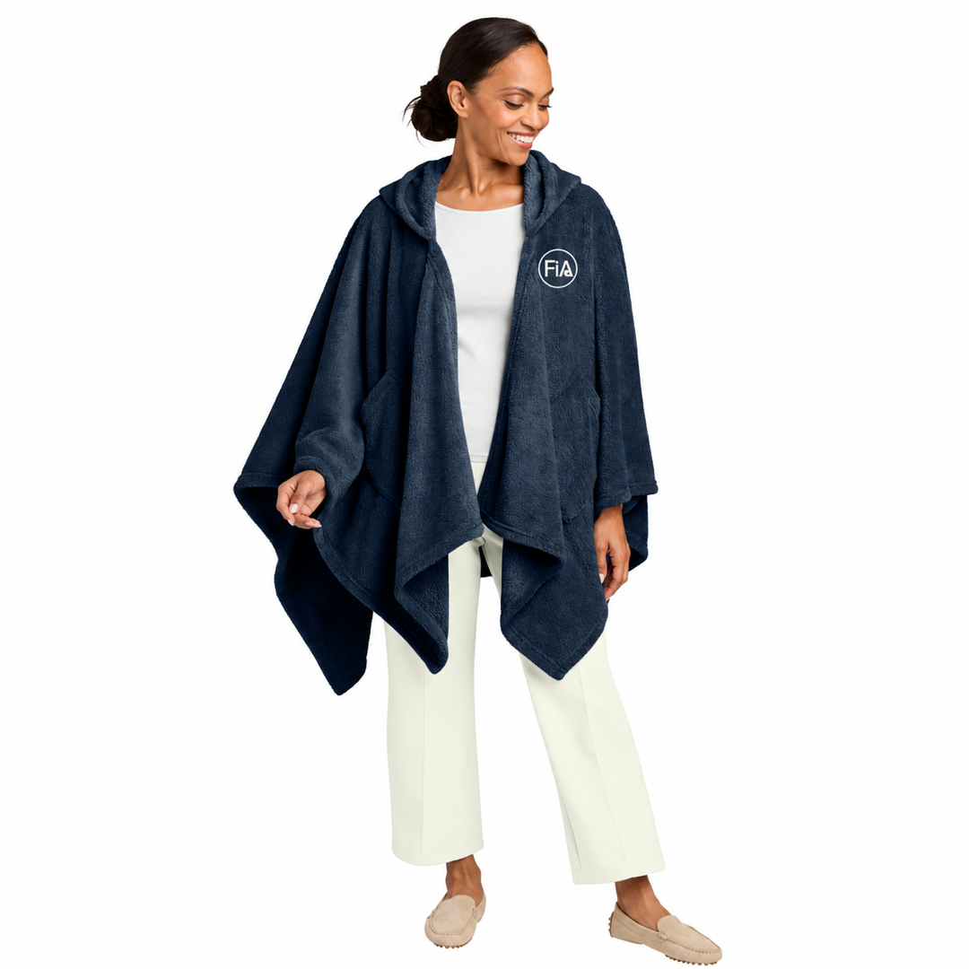 FiA Lifestyle Dream Plush Open Poncho Hoodie in River Blue Navy with FiA chest embroidery