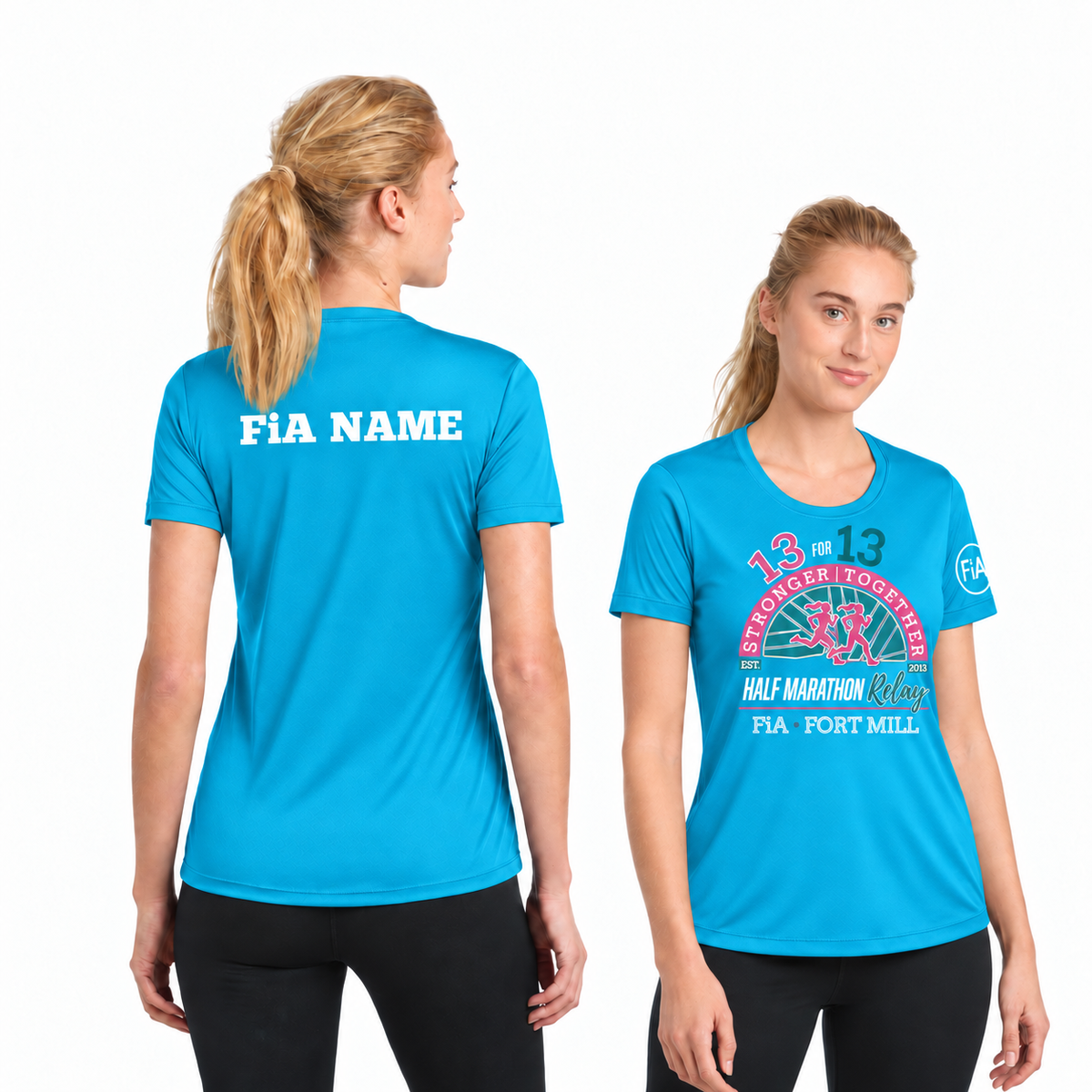 SC Fort Mill Relay Sport-Tek short sleeve performance tee in Atomic Blue, Fort Mill Relay front, FiA left sleeve, and personalized back preview