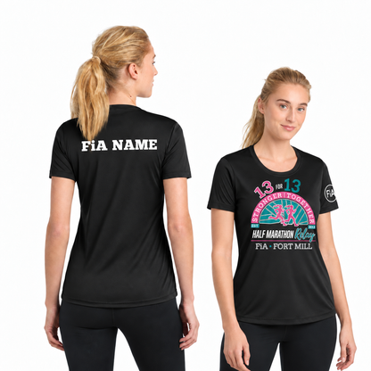 SC Fort Mill Relay Sport-Tek short sleeve performance tee in Black, Fort Mill Relay front, FiA left sleeve, and personalized back preview