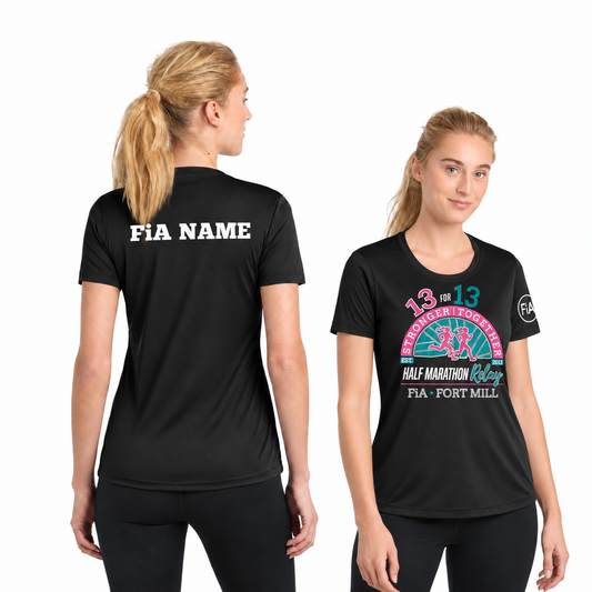 SC Fort Mill Relay Sport-Tek short sleeve performance tee in Black, Fort Mill Relay front, FiA left sleeve, and personalized back preview