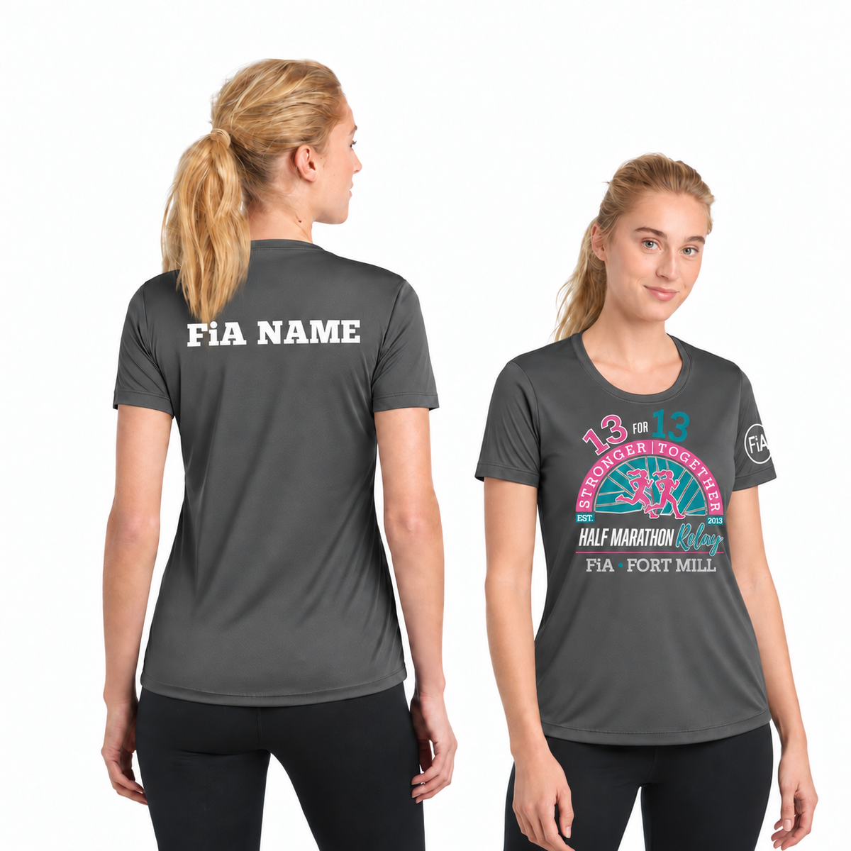 SC Fort Mill Relay Sport-Tek short sleeve performance tee in Iron Grey, Fort Mill Relay front, FiA left sleeve, and personalized back preview