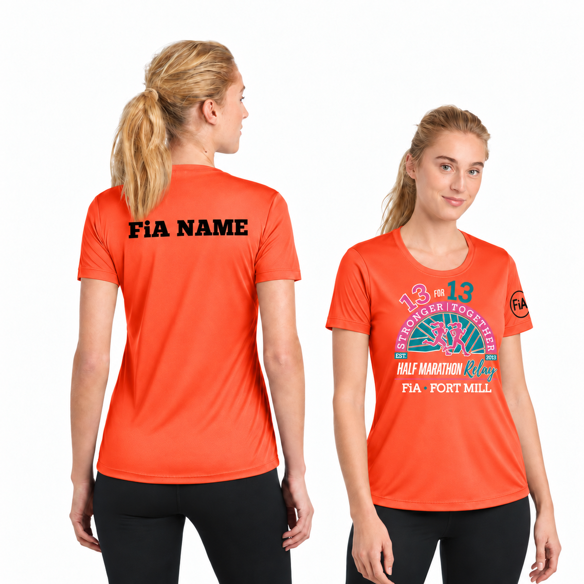 SC Fort Mill Relay Sport-Tek short sleeve performance tee in Neon Orange, Fort Mill Relay front, FiA left sleeve, and personalized back preview