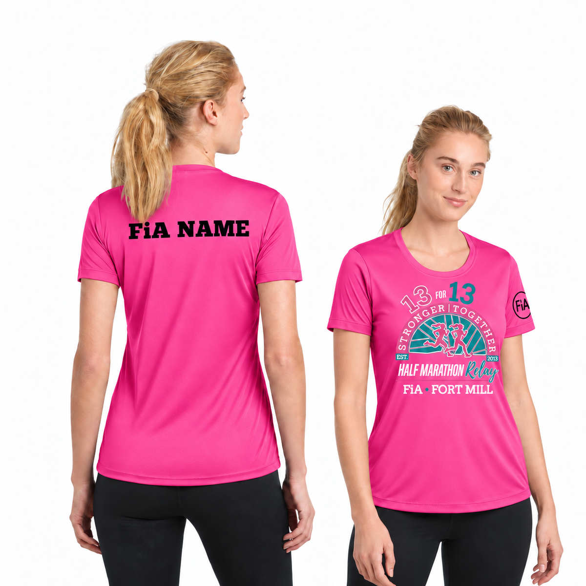 SC Fort Mill Relay Sport-Tek short sleeve performance tee in Neon Pink, Fort Mill Relay front, FiA left sleeve, and personalized back preview