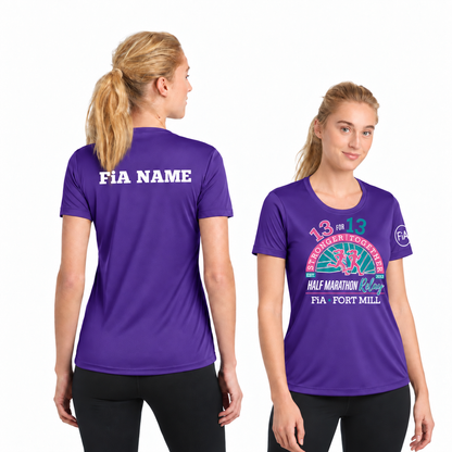 SC Fort Mill Relay Sport-Tek short sleeve performance tee in Purple, Fort Mill Relay front, FiA left sleeve, and personalized back preview