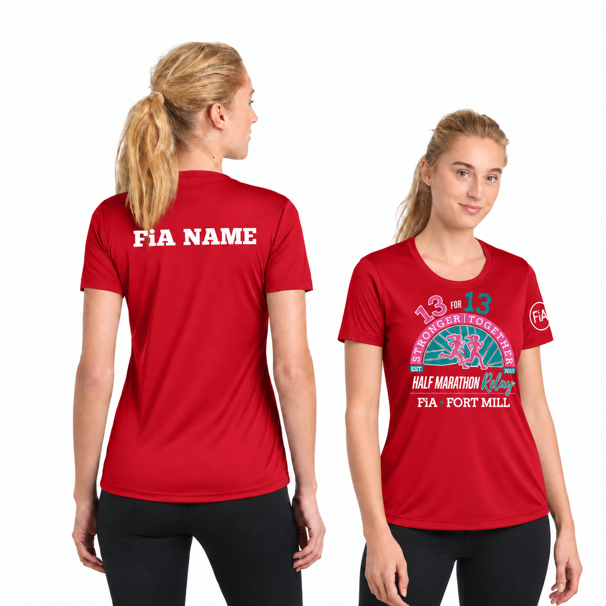 SC Fort Mill Relay Sport-Tek short sleeve performance tee in True Red, Fort Mill Relay front, FiA left sleeve, and personalized back preview