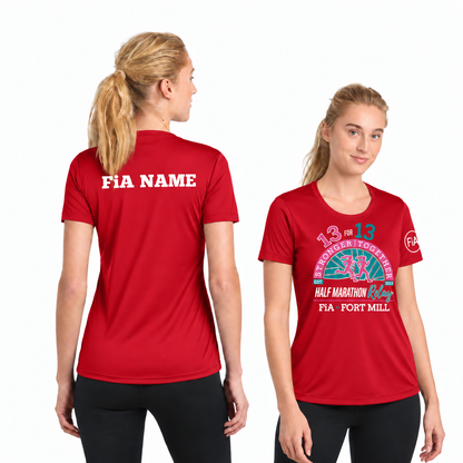 SC Fort Mill Relay Sport-Tek short sleeve performance tee in True Red, Fort Mill Relay front, FiA left sleeve, and personalized back preview