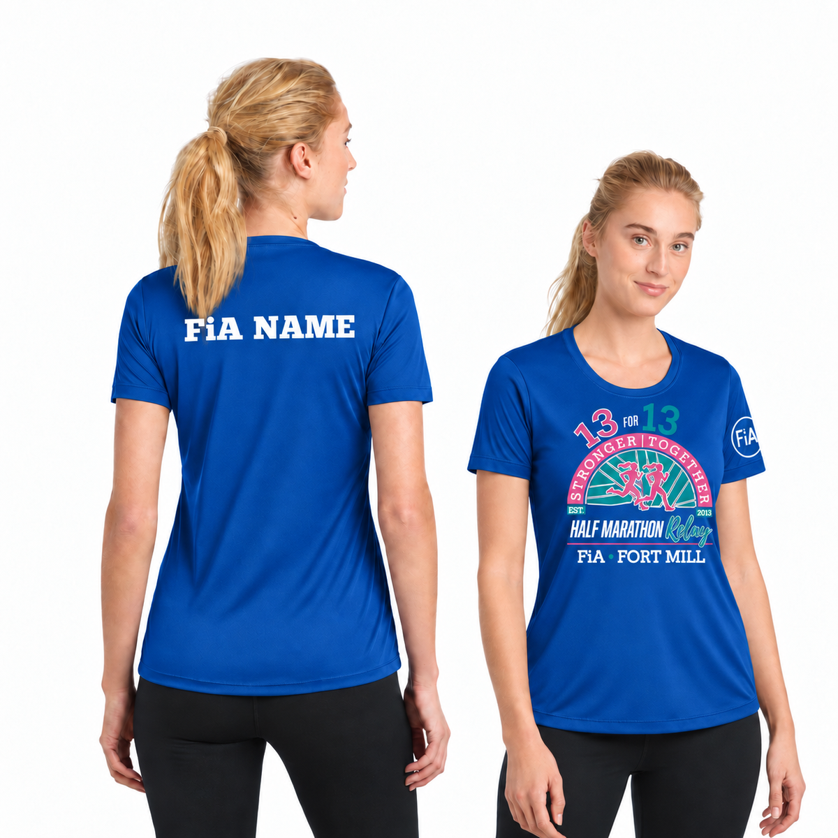 SC Fort Mill Relay Sport-Tek short sleeve performance tee in True Royal, Fort Mill Relay front, FiA left sleeve, and personalized back preview