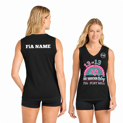 SC Fort Mill Relay Sport-Tek sleeveless performance V-neck tee in Black, Fort Mill Relay front, FiA left chest, and personalized back preview
