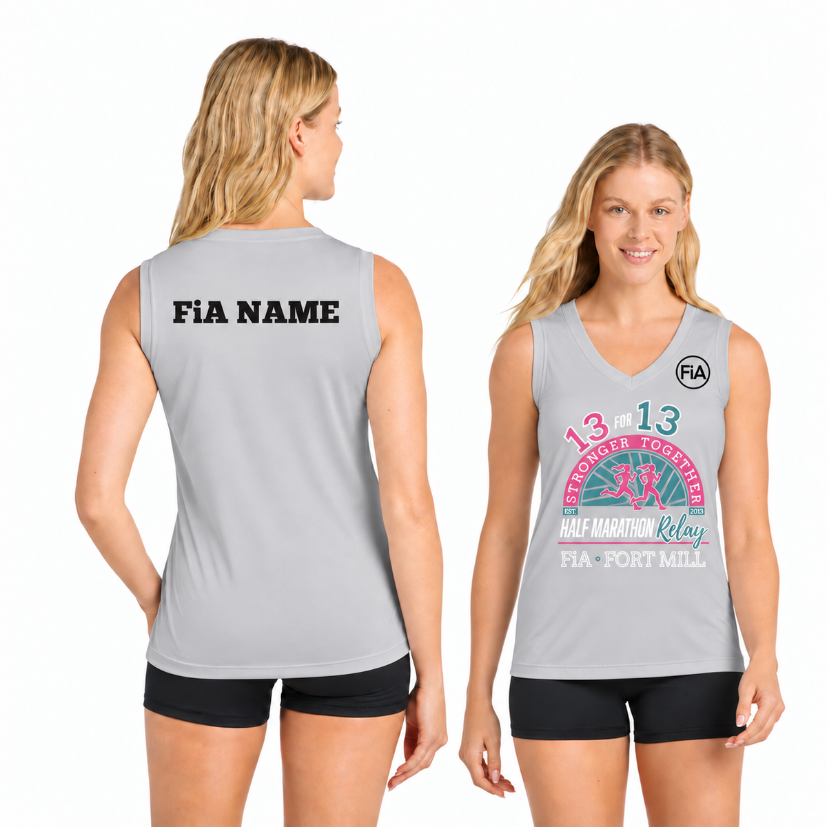SC Fort Mill Relay Sport-Tek sleeveless performance V-neck tee in Silver, Fort Mill Relay front, FiA left chest, and personalized back preview