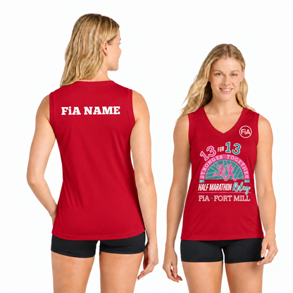 SC Fort Mill Relay Sport-Tek sleeveless performance V-neck tee in True Red, Fort Mill Relay front, FiA left chest, and personalized back preview