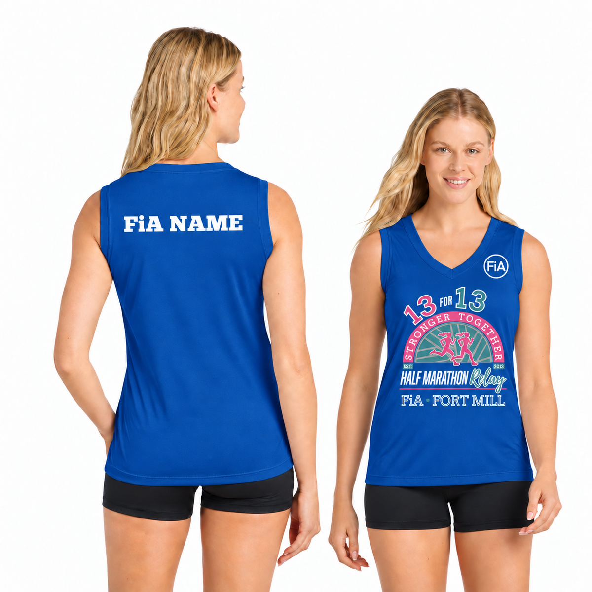 SC Fort Mill Relay Sport-Tek sleeveless performance V-neck tee in True Royal, Fort Mill Relay front, FiA left chest, and personalized back preview