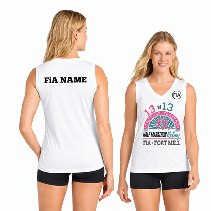 SC Fort Mill Relay Sport-Tek sleeveless performance V-neck tee in White, Fort Mill Relay front, FiA left chest, and personalized back preview