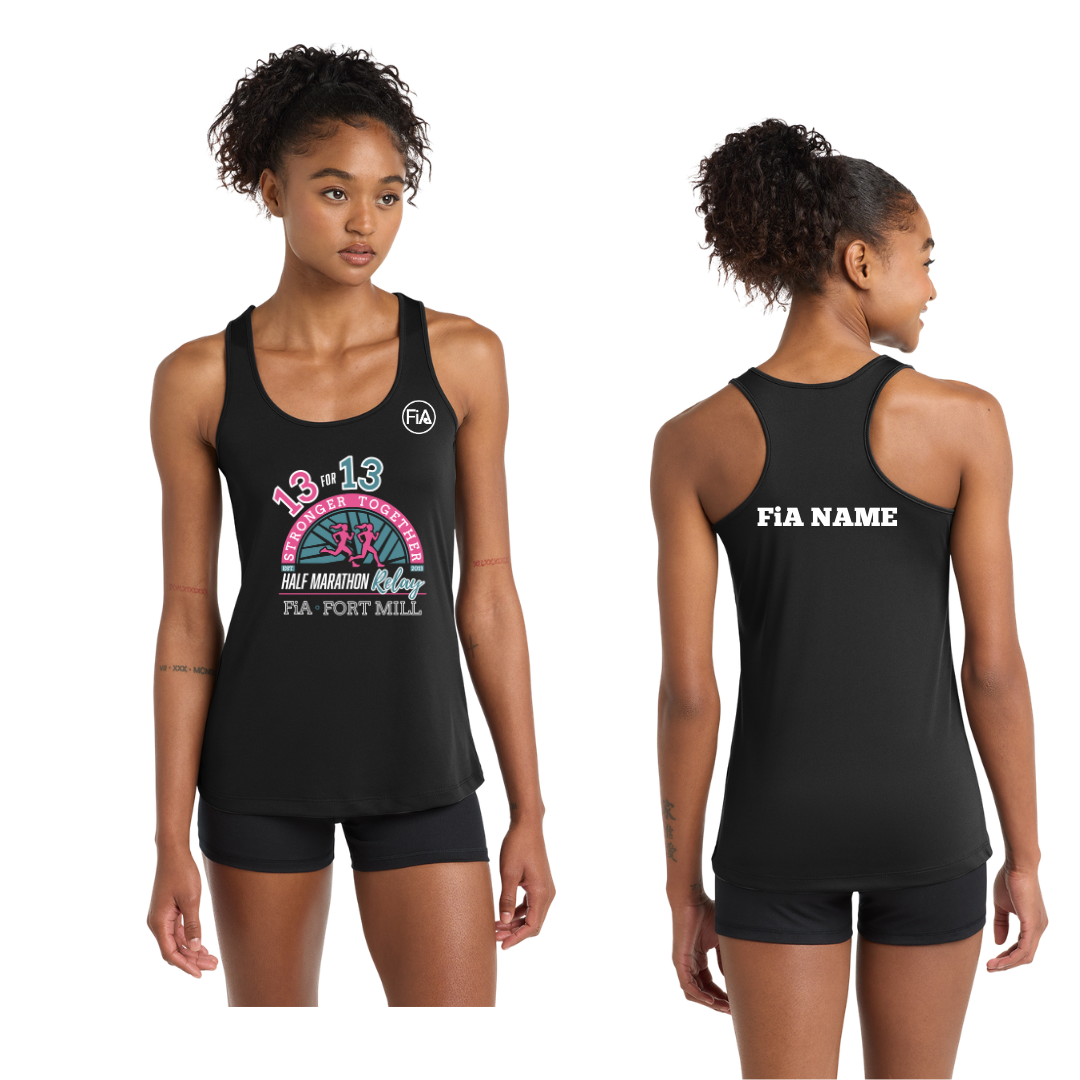 SC Fort Mill Relay Sport-Tek racerback performance tank in Black, Fort Mill Relay front, FiA left chest, and personalized back preview