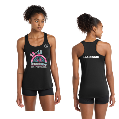 SC Fort Mill Relay Sport-Tek racerback performance tank in Black, Fort Mill Relay front, FiA left chest, and personalized back preview