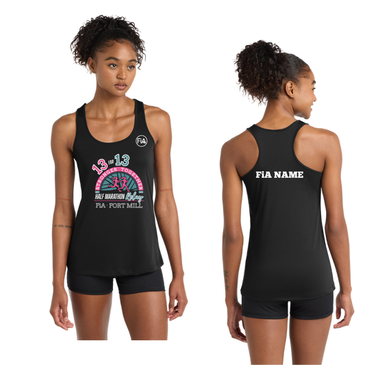 SC Fort Mill Relay Sport-Tek racerback performance tank in Black, Fort Mill Relay front, FiA left chest, and personalized back preview