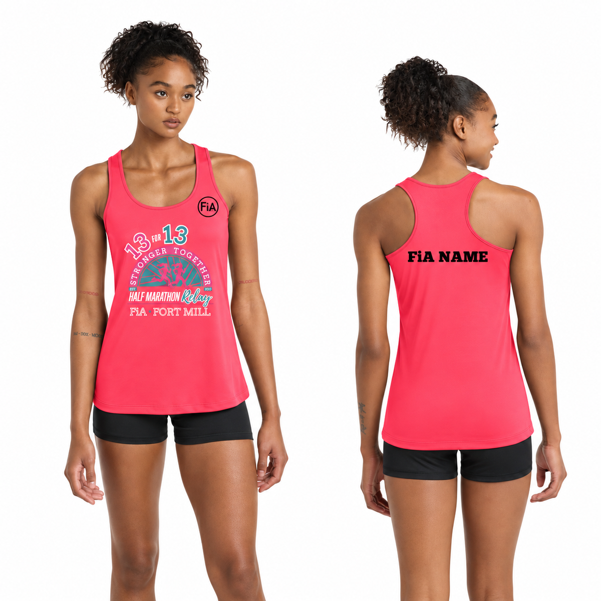 SC Fort Mill Relay Sport-Tek racerback performance tank in Hot Coral, Fort Mill Relay front, FiA left chest, and personalized back preview