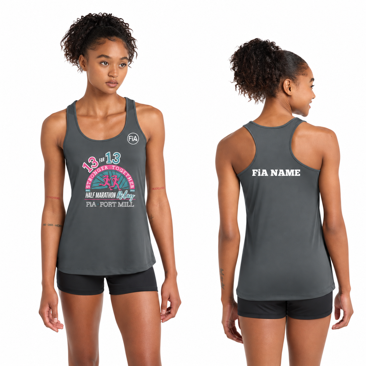 SC Fort Mill Relay Sport-Tek racerback performance tank in Iron Grey, Fort Mill Relay front, FiA left chest, and personalized back preview