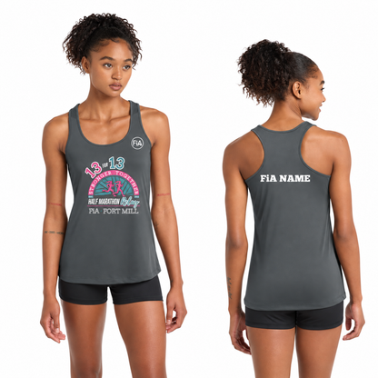 SC Fort Mill Relay Sport-Tek racerback performance tank in Iron Grey, Fort Mill Relay front, FiA left chest, and personalized back preview