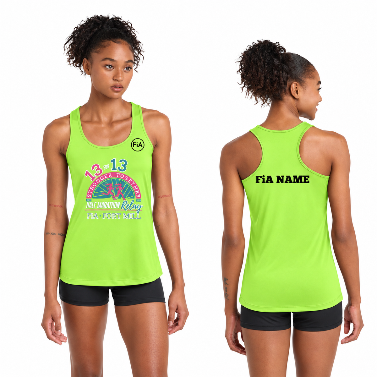 SC Fort Mill Relay Sport-Tek racerback performance tank in Lime Shock, Fort Mill Relay front, FiA left chest, and personalized back preview