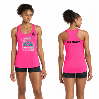 SC Fort Mill Relay Sport-Tek racerback performance tank in Neon Pink, Fort Mill Relay front, FiA left chest, and personalized back preview