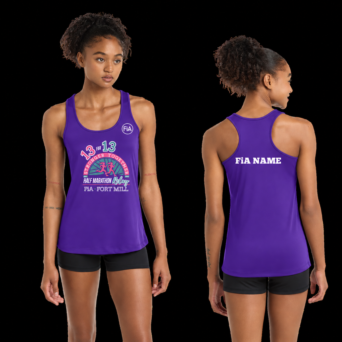 SC Fort Mill Relay Sport-Tek racerback performance tank in Purple, Fort Mill Relay front, FiA left chest, and personalized back preview