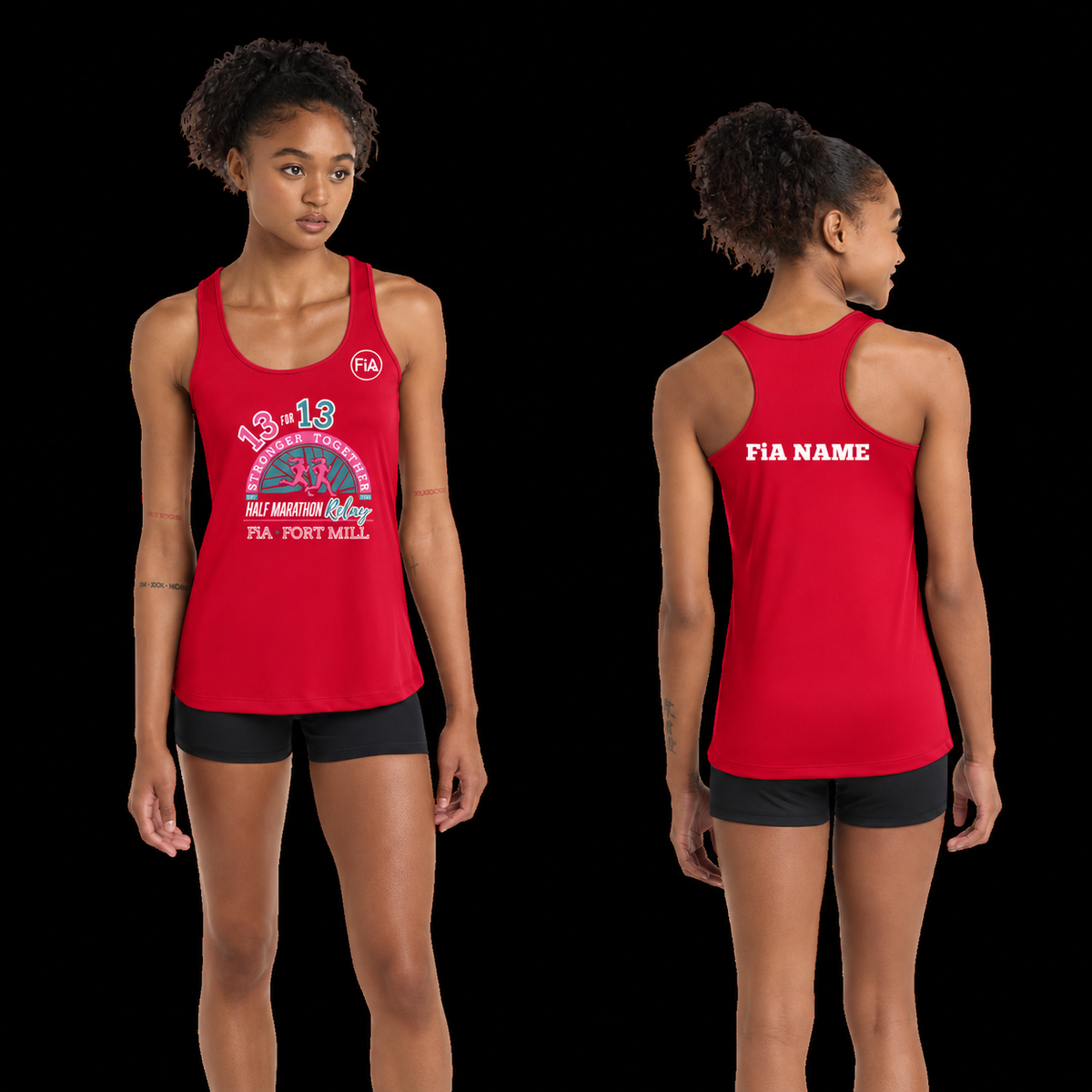 SC Fort Mill Relay Sport-Tek racerback performance tank in True Red, Fort Mill Relay front, FiA left chest, and personalized back preview