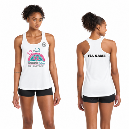 SC Fort Mill Relay Sport-Tek racerback performance tank in White, Fort Mill Relay front, FiA left chest, and personalized back preview