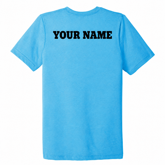 IN-Bloomington Anniversary Bella Canvas Triblend back in Aqua with personalized FiA name example