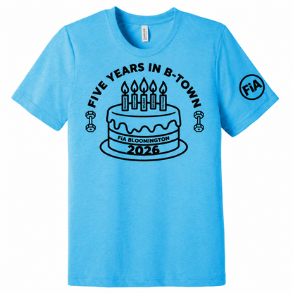 IN-Bloomington Anniversary Bella Canvas Triblend front in Aqua with black anniversary and sleeve art