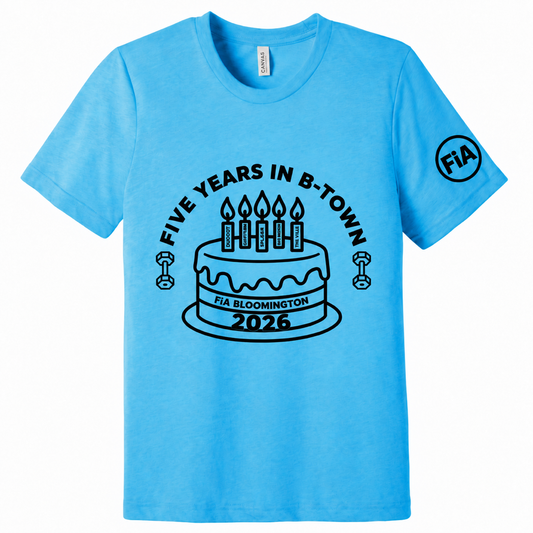 IN-Bloomington Anniversary Aqua front — logo approximately 3 inches below neckline