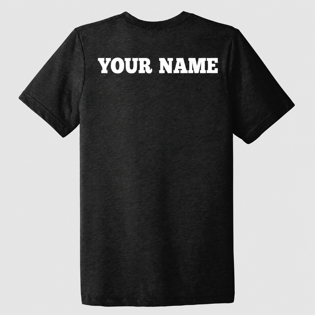 IN-Bloomington Anniversary Bella Canvas Triblend back in Black Heather with personalized FiA name example