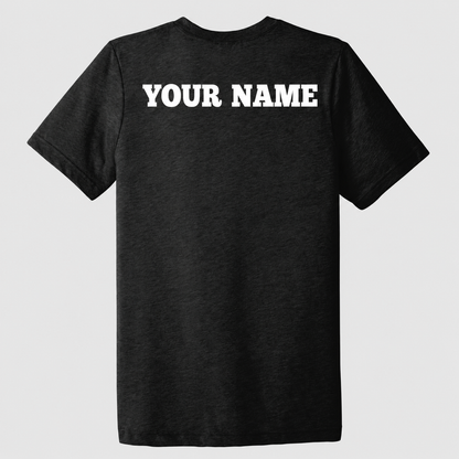 IN-Bloomington Anniversary Bella Canvas Triblend back in Black Heather with personalized FiA name example
