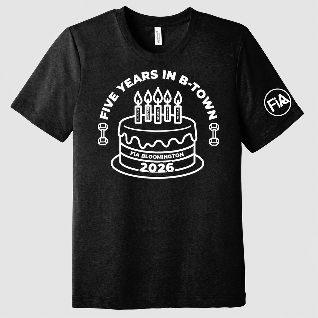 IN-Bloomington Anniversary Bella Canvas Triblend front in Black Heather with white anniversary and sleeve art
