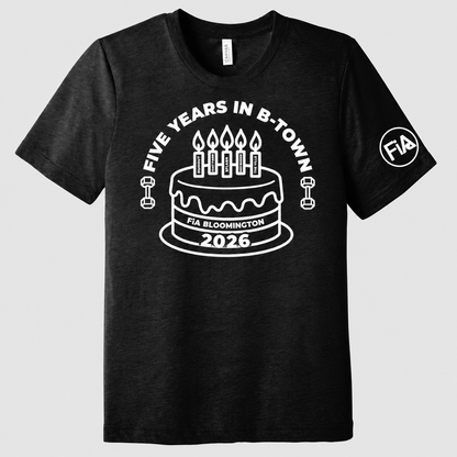 IN-Bloomington Anniversary Bella Canvas Triblend front in Black Heather with white anniversary and sleeve art