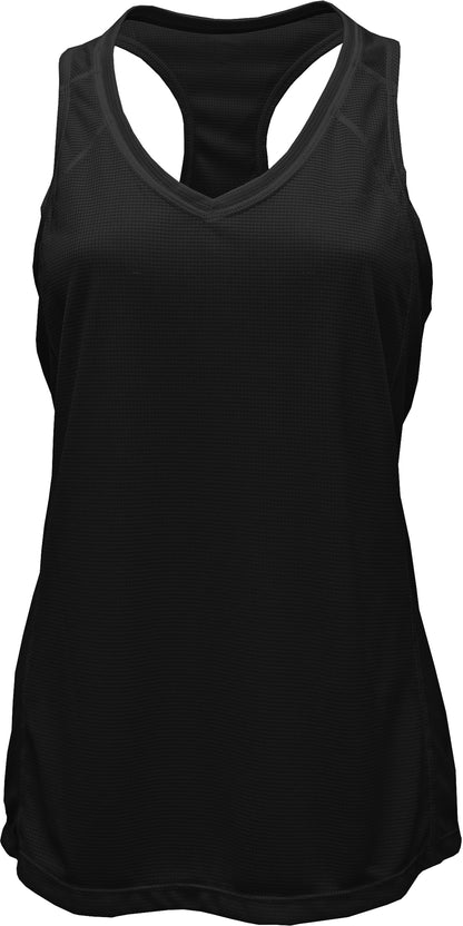V-Neck Racerback Tank Top — Black blank garment color reference; includes FiA Always front design