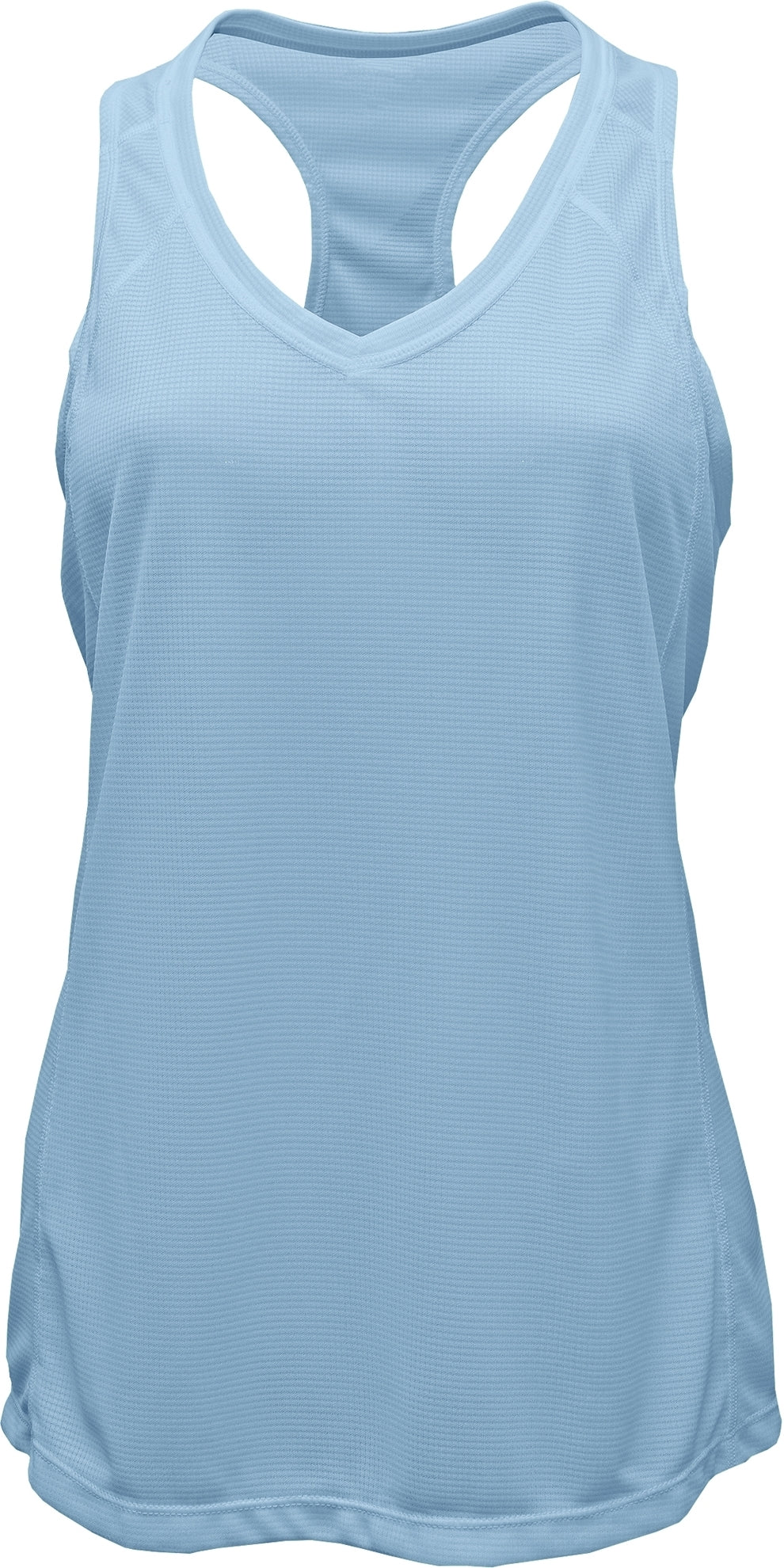 V-Neck Racerback Tank Top — Ice Blue blank garment color reference; includes FiA Always front design