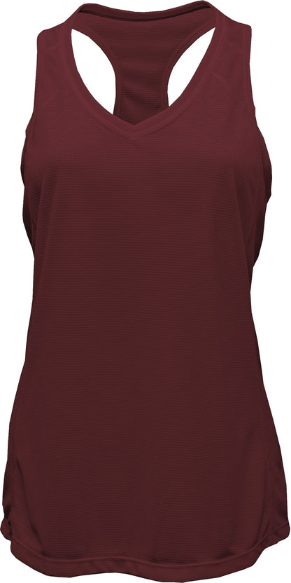 V-Neck Racerback Tank Top — Maroon blank garment color reference; includes FiA Always front design