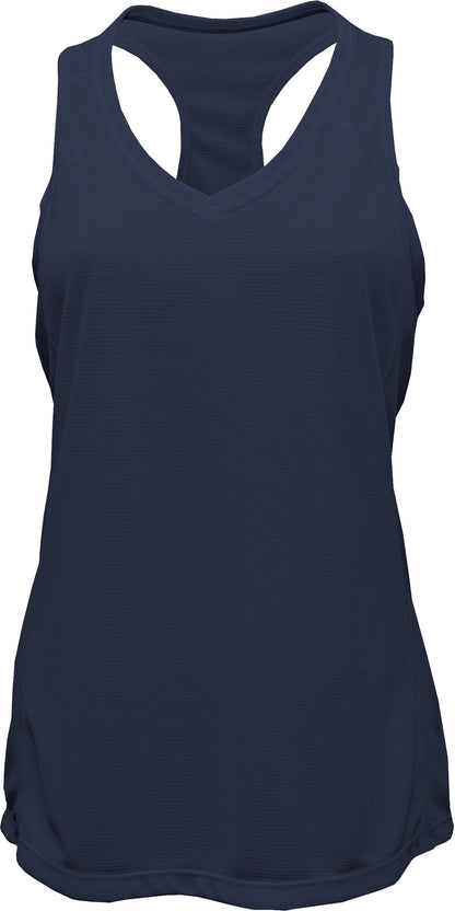 V-Neck Racerback Tank Top — Navy blank garment color reference; includes FiA Always front design