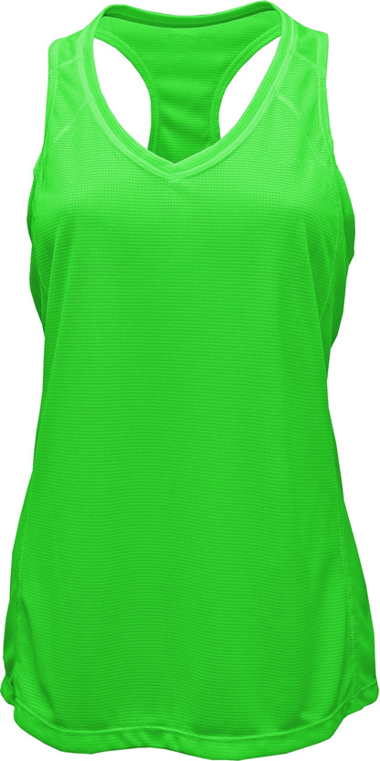 V-Neck Racerback Tank Top — Neon Green blank garment color reference; includes FiA Always front design