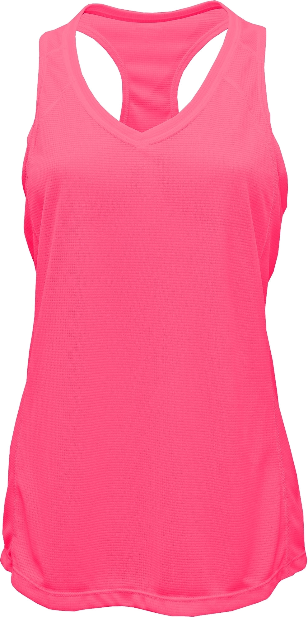 V-Neck Racerback Tank Top — Neon Pink blank garment color reference; includes FiA Always front design
