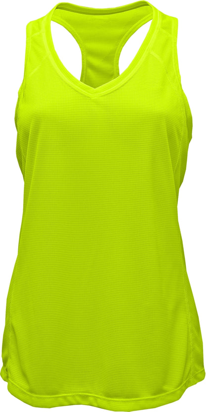 V-Neck Racerback Tank Top — Neon Yellow blank garment color reference; includes FiA Always front design