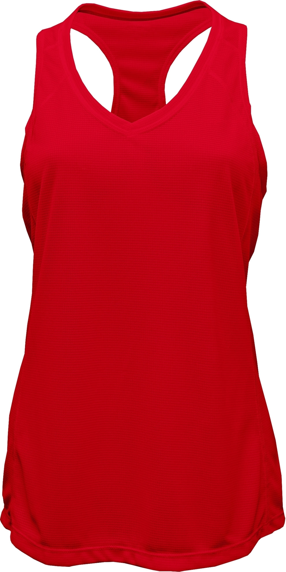 V-Neck Racerback Tank Top — Red blank garment color reference; includes FiA Always front design