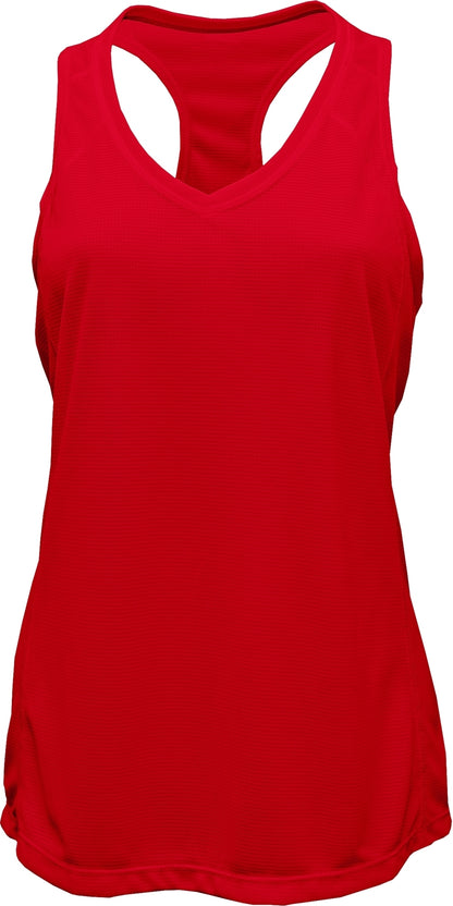 V-Neck Racerback Tank Top — Red blank garment color reference; includes FiA Always front design