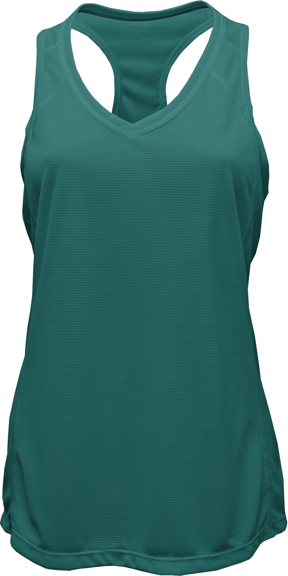 V-Neck Racerback Tank Top — Teal blank garment color reference; includes FiA Always front design
