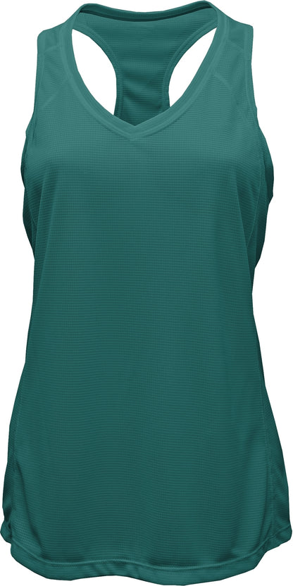 V-Neck Racerback Tank Top — Teal blank garment color reference; includes FiA Always front design